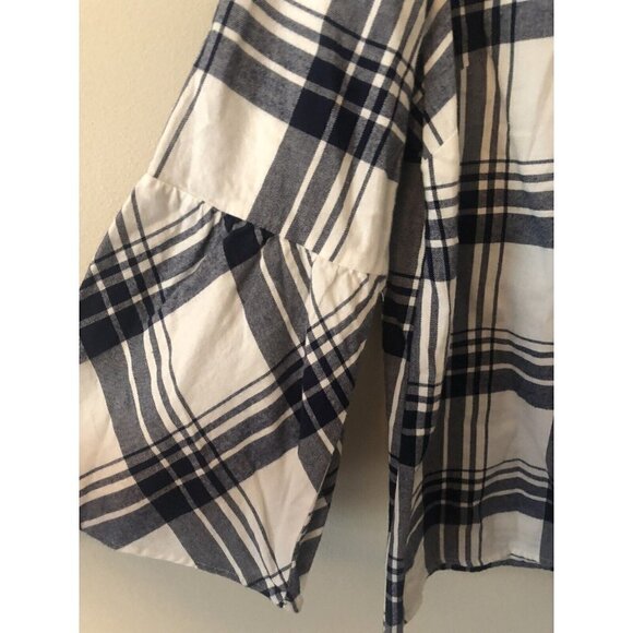 NWT JCrew Mercantile Size 6 Blue White Windowpane Plaid Blouse Bell Sleeve - Picture 3 of 6